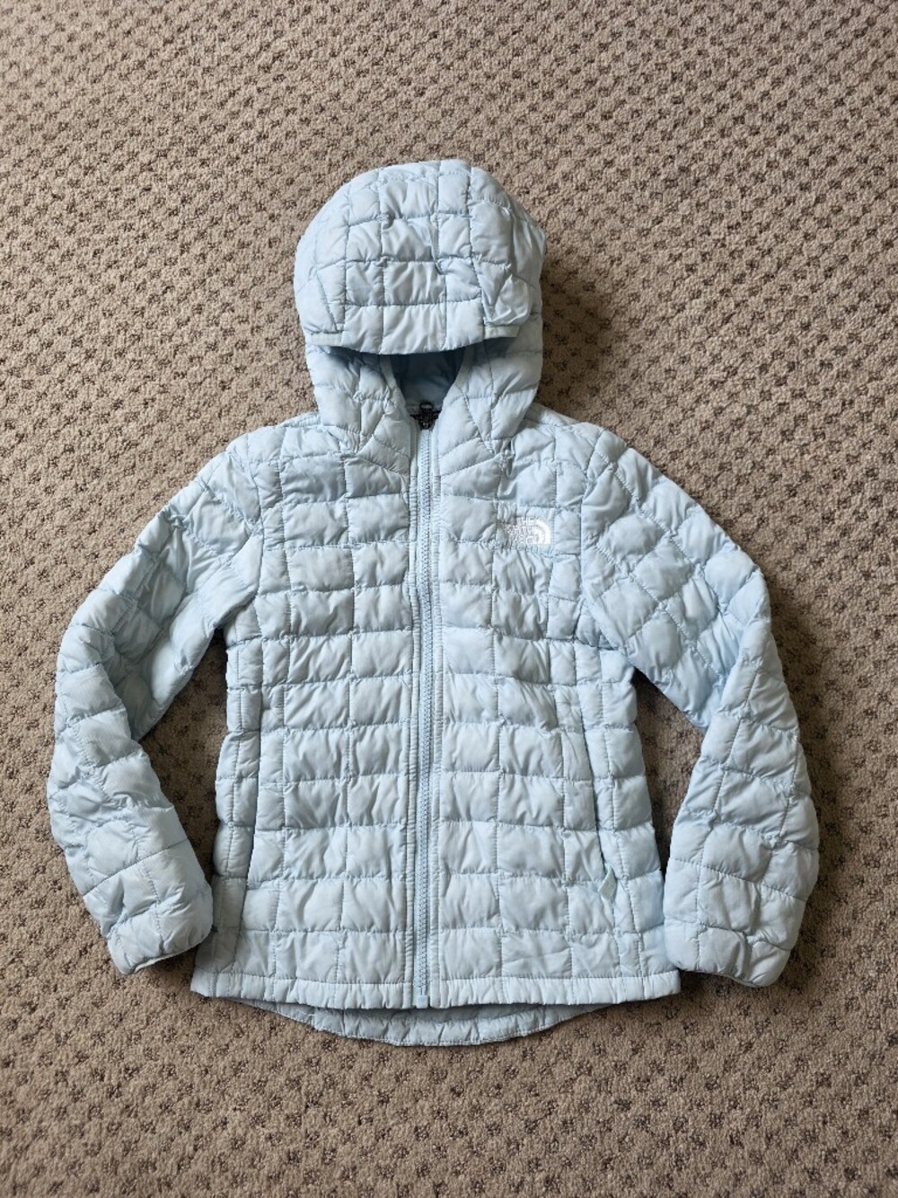 The North Face Girls Thermoball: Light Blue Quilted Hooded Jacket